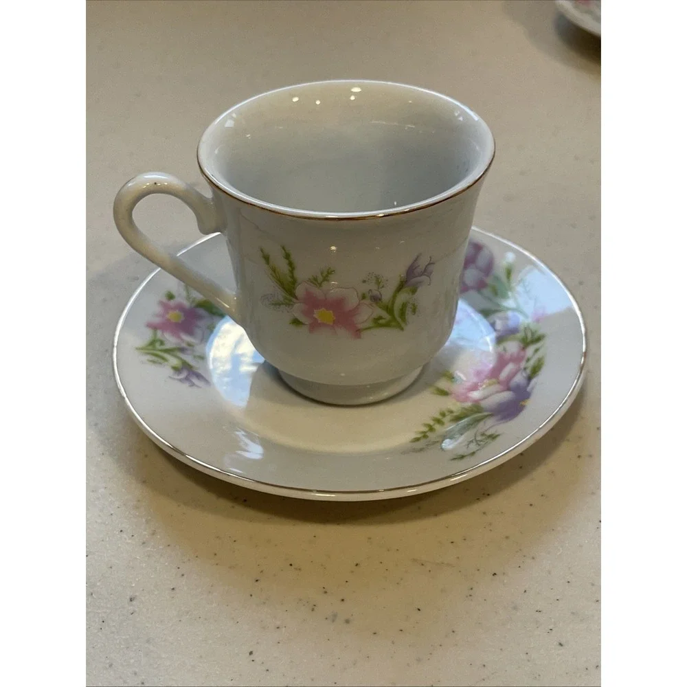 Vntg Coffee Espresso Set 6 Cups & Saucers Floral Garden Lady Grace Luceno Canada
